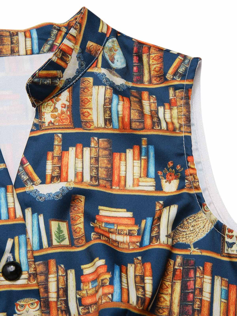 [Pre-Sale] 1950s Owl Bookshelf Print Stand Collar Dress