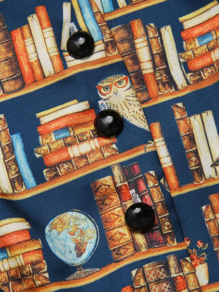 [Pre-Sale] 1950s Owl Bookshelf Print Stand Collar Dress
