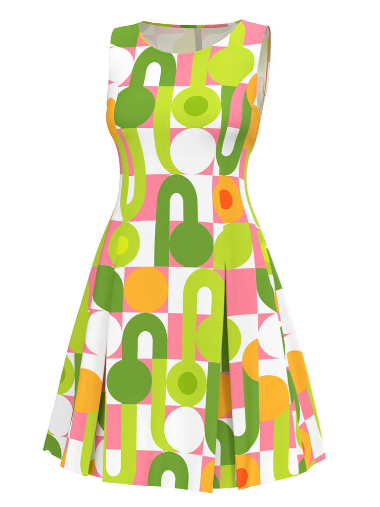 Green 1960s Geometric Print Round Neck Shift Dress