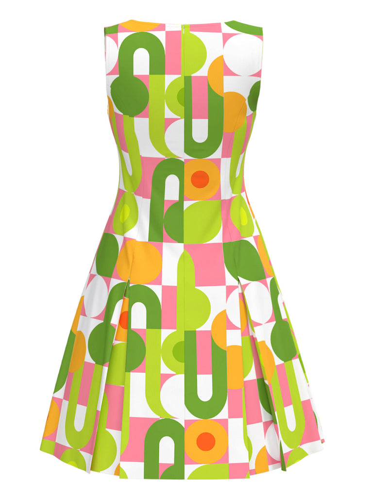 Green 1960s Geometric Print Round Neck Shift Dress