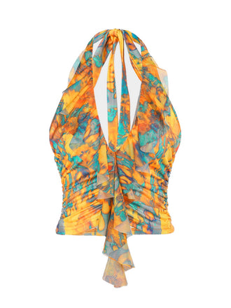 Yellow 1960s Flame Halter Ruched Top