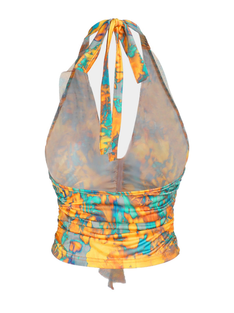 Yellow 1960s Flame Halter Ruched Top