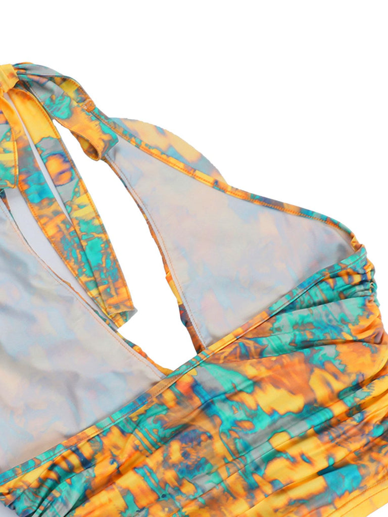 Yellow 1960s Flame Halter Ruched Top