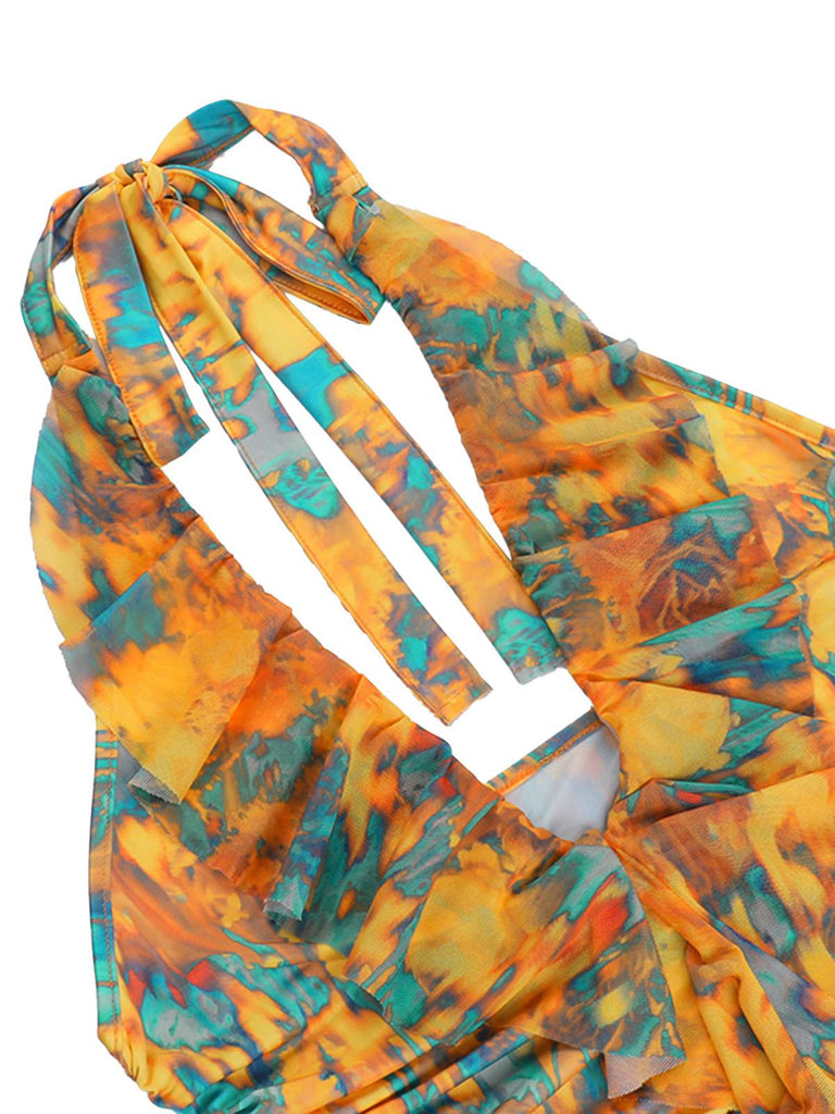 Yellow 1960s Flame Halter Ruched Top