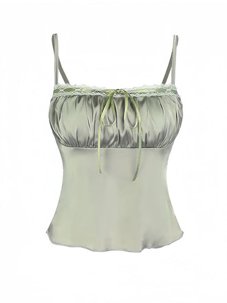Green 1970s Satin Ruched Bust Slip Cami Top