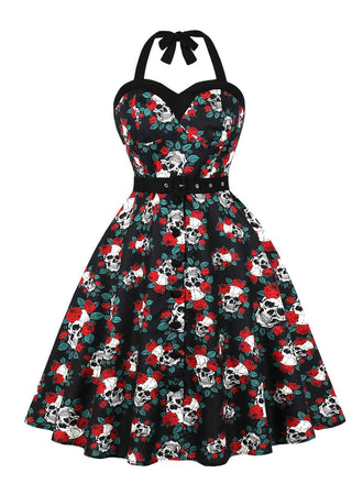 Black 1950s Halloween Skull Roses Halter Dress