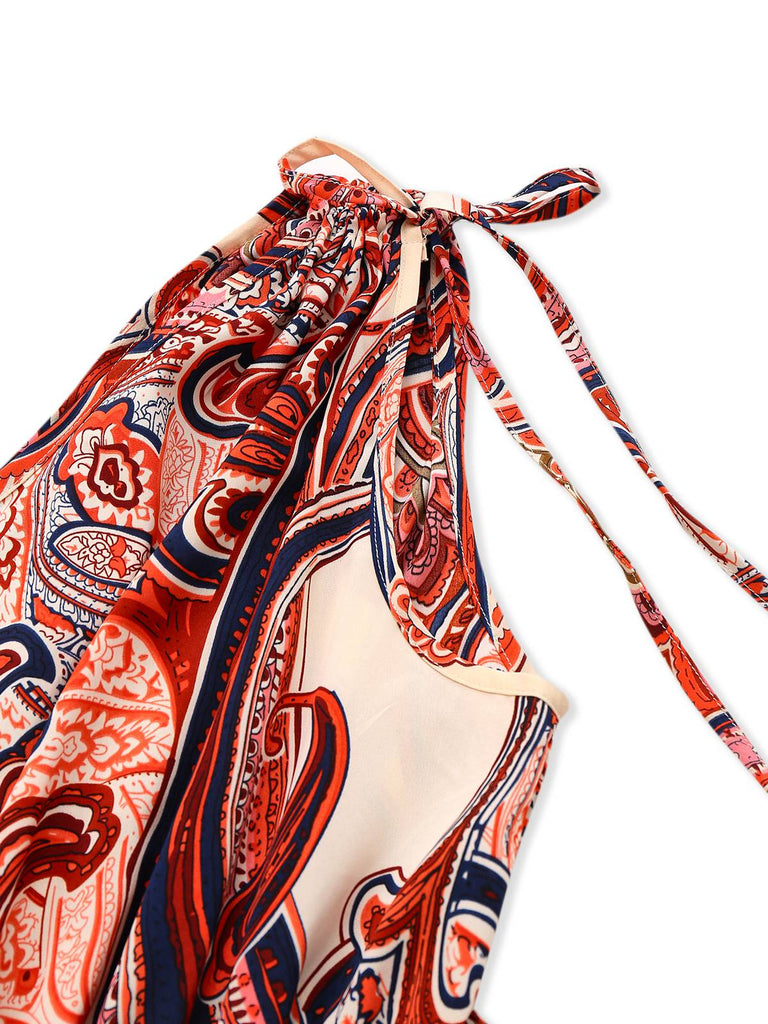 Brick Red 1970s One-Shoulder Bohemian Floral Romper