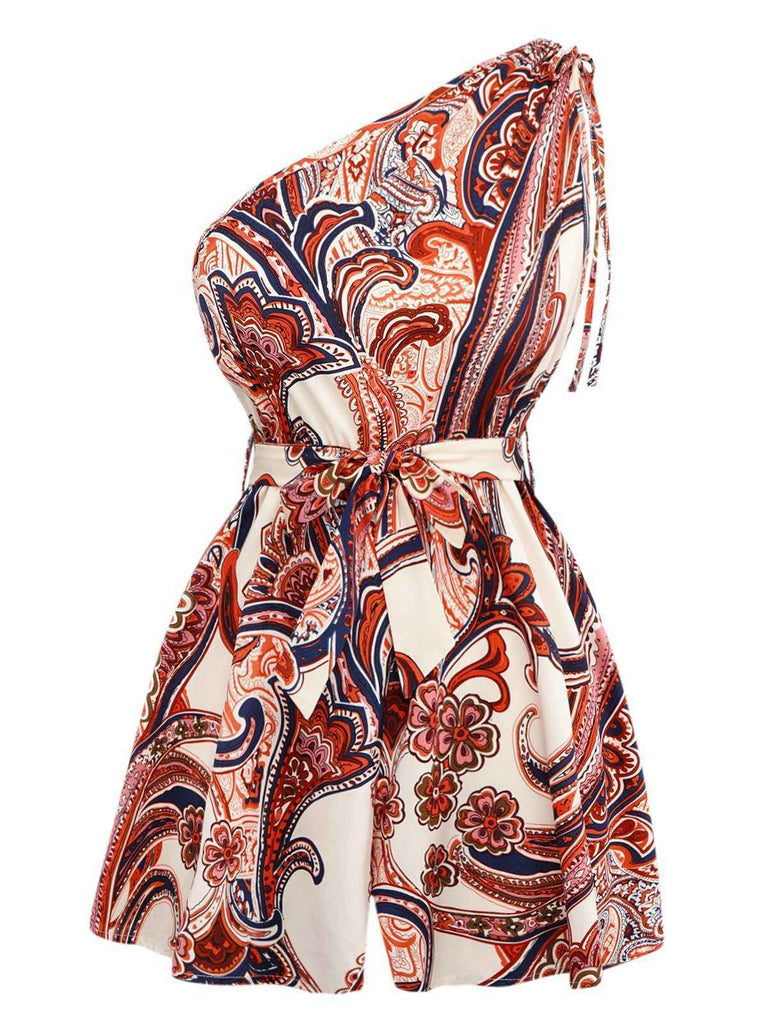 Brick Red 1970s One-Shoulder Bohemian Floral Romper