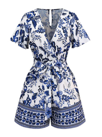 Blue 1950s Blue-White-Porcelain Floral Belted Romper