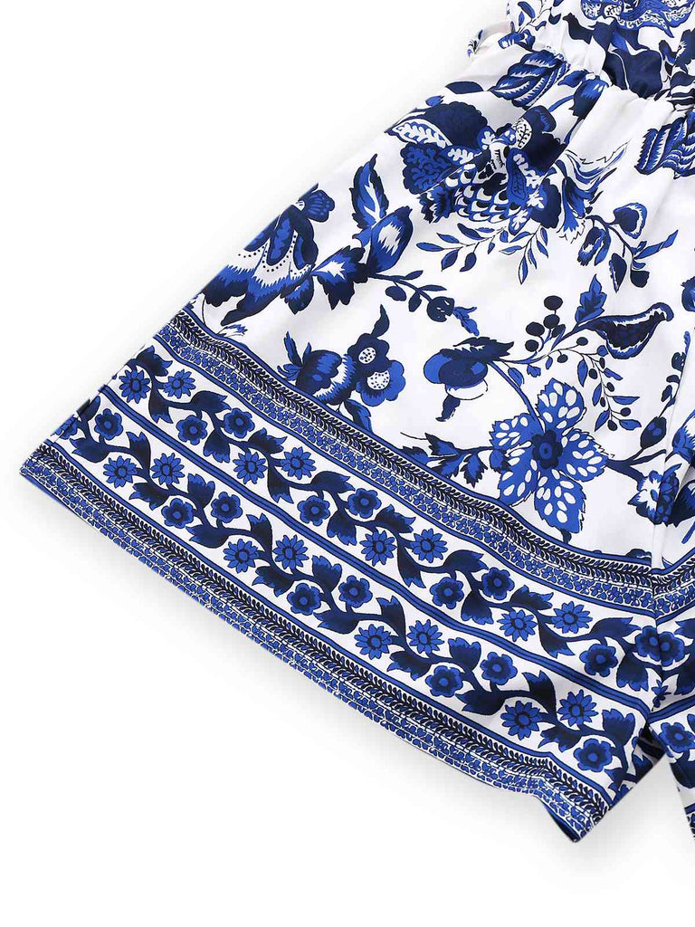 Blue 1950s Blue-White-Porcelain Floral Belted Romper