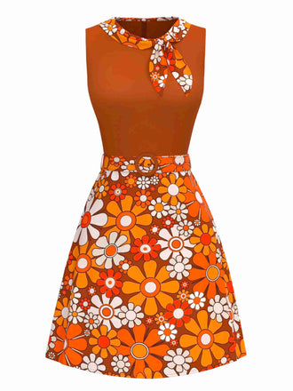 Orange 1960s Boho Psychedelic Floral Belted Dress