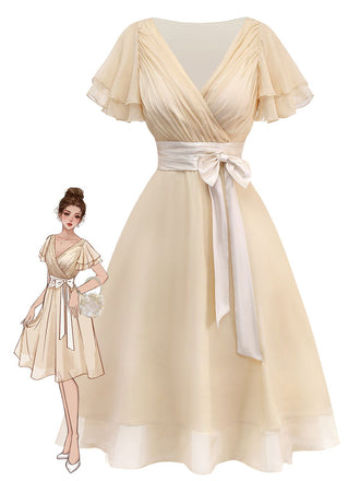 Champagne 1950s Satin Belt Tulle Cocktail Dress