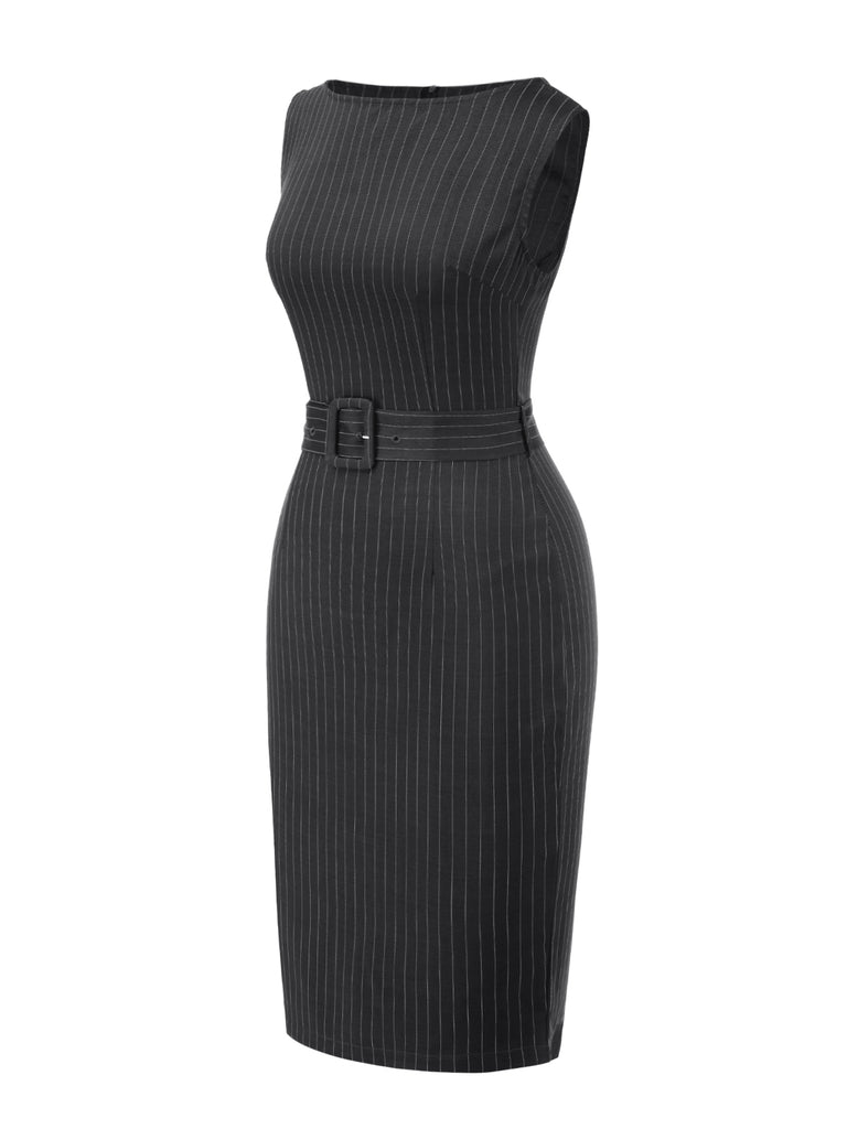 Dark Grey 1960s Pinstripe Beltd Pencil dress