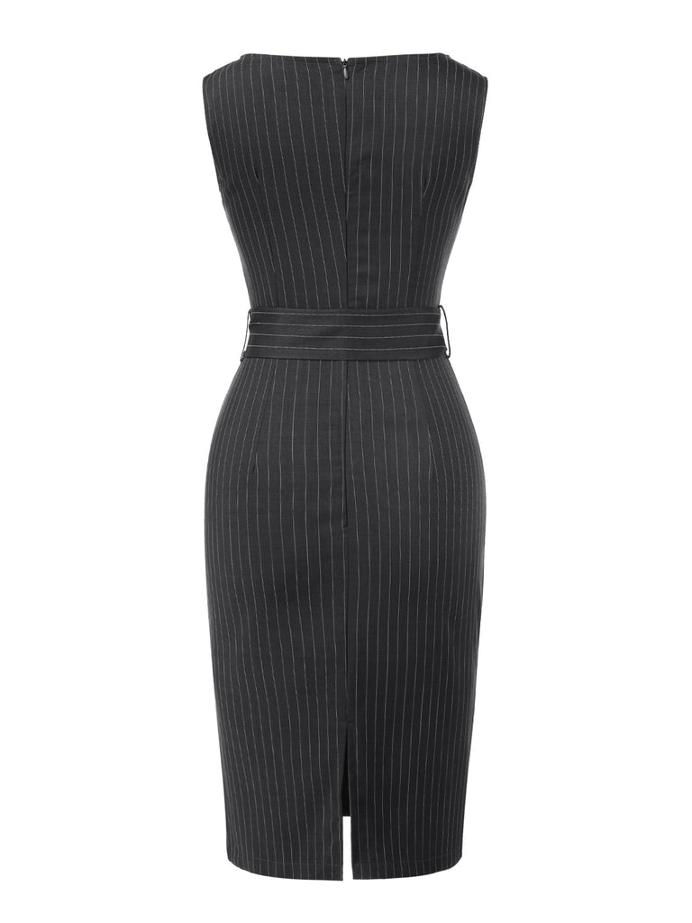 Dark Grey 1960s Pinstripe Beltd Pencil dress