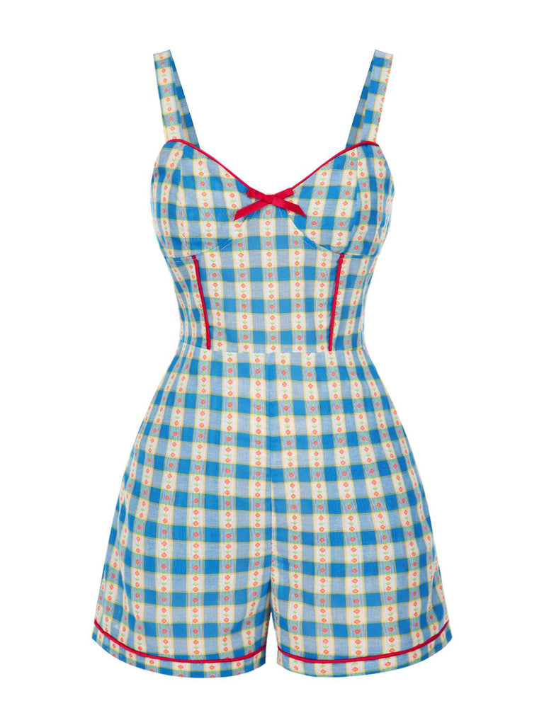 Blue 1950s Bow Gingham Plaid Floral Romper