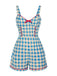 Blue 1950s Bow Gingham Plaid Floral Romper