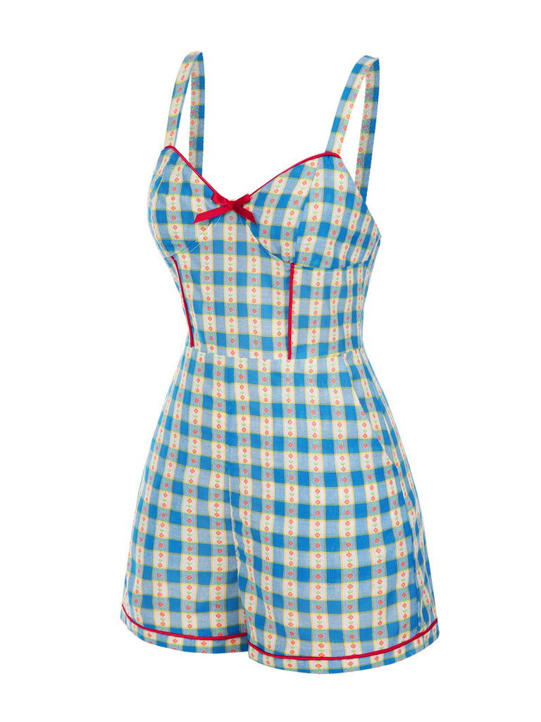 Blue 1950s Bow Gingham Plaid Floral Romper