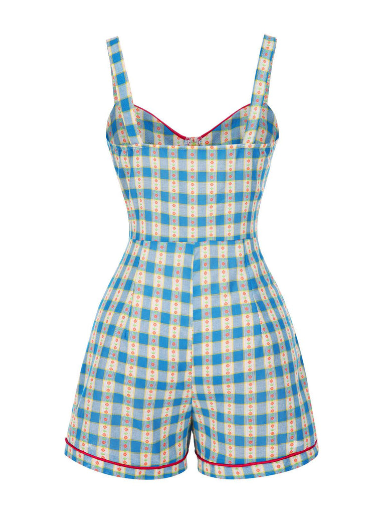 Blue 1950s Bow Gingham Plaid Floral Romper
