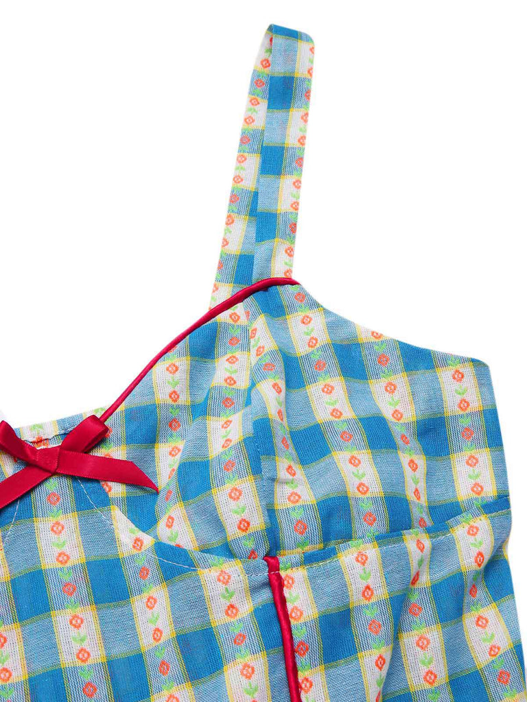 Blue 1950s Bow Gingham Plaid Floral Romper