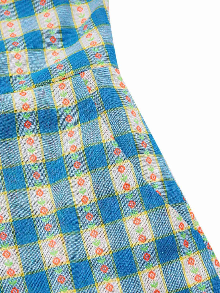 Blue 1950s Bow Gingham Plaid Floral Romper