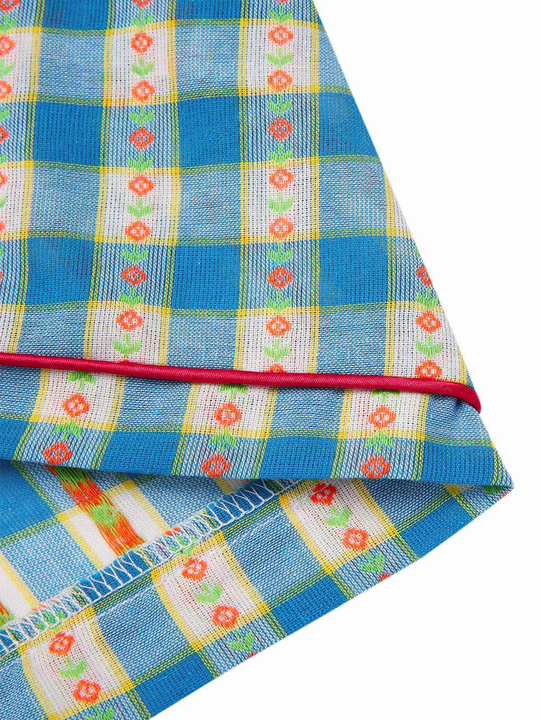 Blue 1950s Bow Gingham Plaid Floral Romper