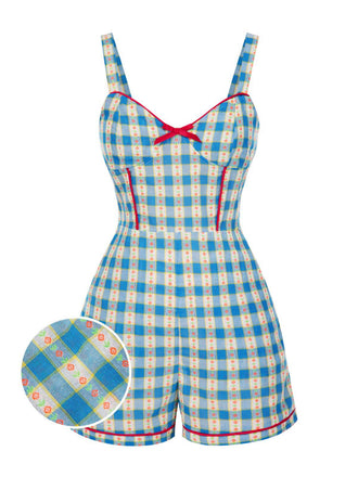 Blue 1950s Bow Gingham Plaid Floral Romper
