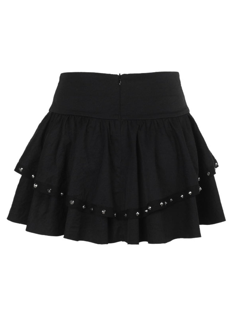 Black 1980s Punk Metal Button Lace-Up Skirt