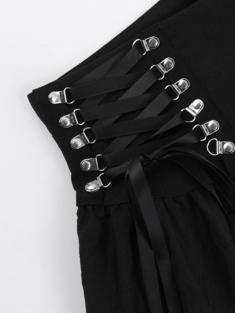 Black 1980s Punk Metal Button Lace-Up Skirt