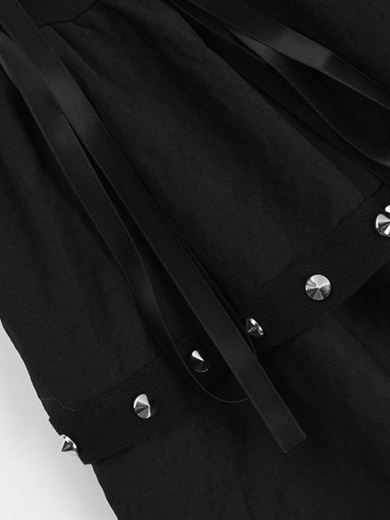 Black 1980s Punk Metal Button Lace-Up Skirt