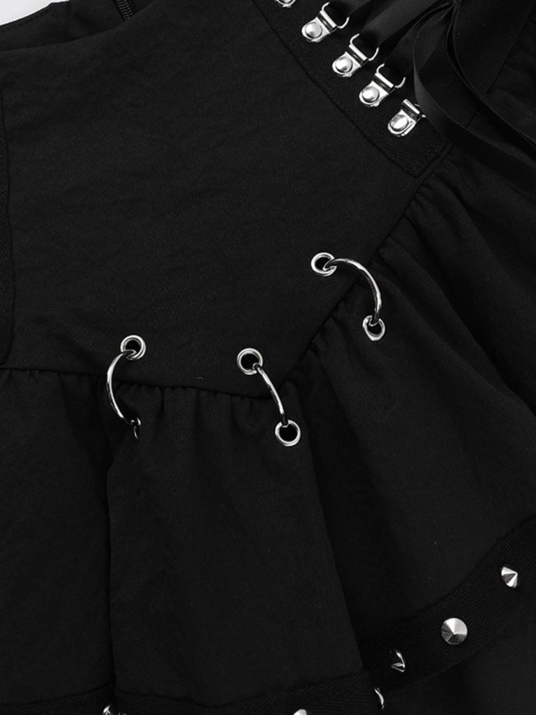 Black 1980s Punk Metal Button Lace-Up Skirt