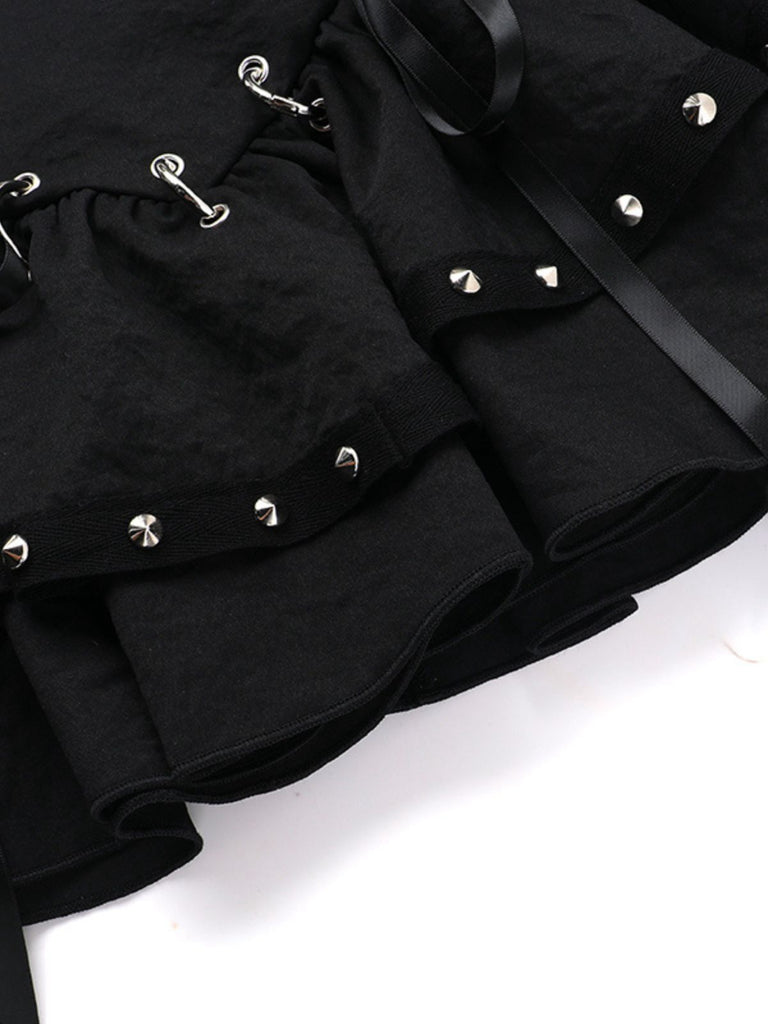 Black 1980s Punk Metal Button Lace-Up Skirt