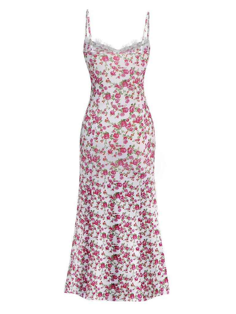 White 1940s Ditsy Floral Rose Slit Slip Dress