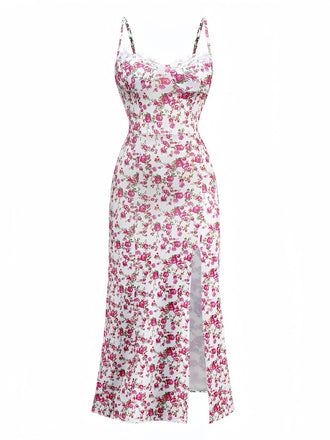 White 1940s Ditsy Floral Rose Slit Slip Dress