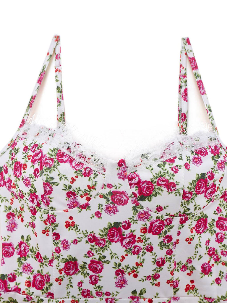 White 1940s Ditsy Floral Rose Slit Slip Dress