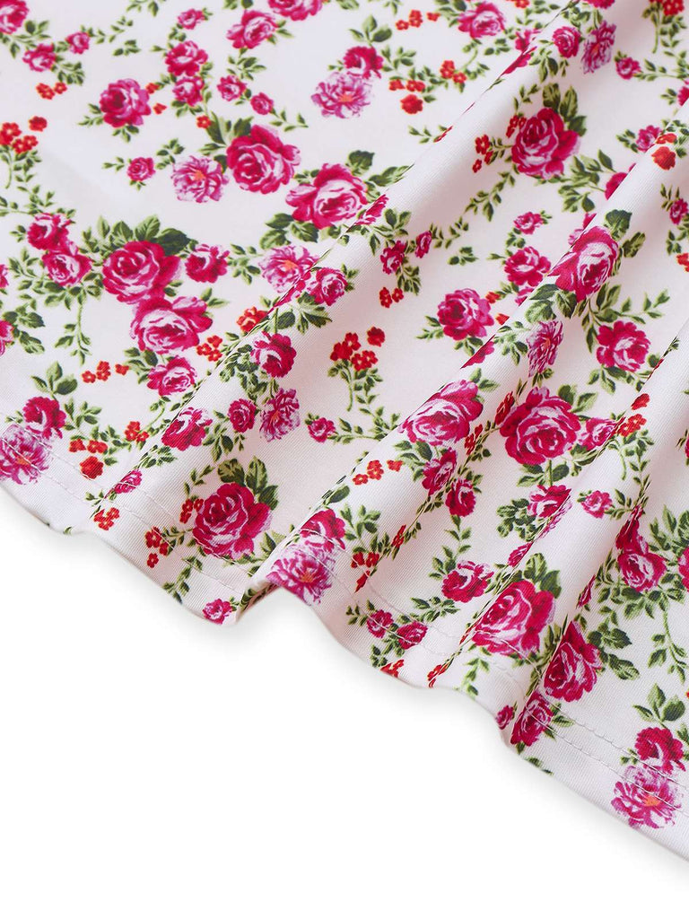 White 1940s Ditsy Floral Rose Slit Slip Dress
