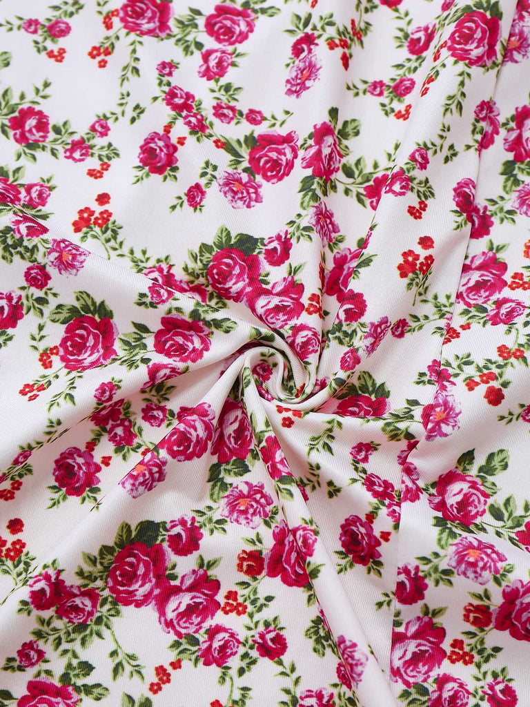 White 1940s Ditsy Floral Rose Slit Slip Dress