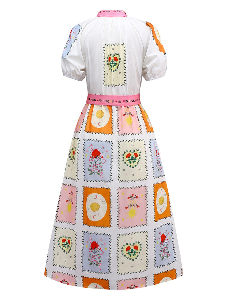 Multicolor 1930s Floral Sun Moon Belted Dress