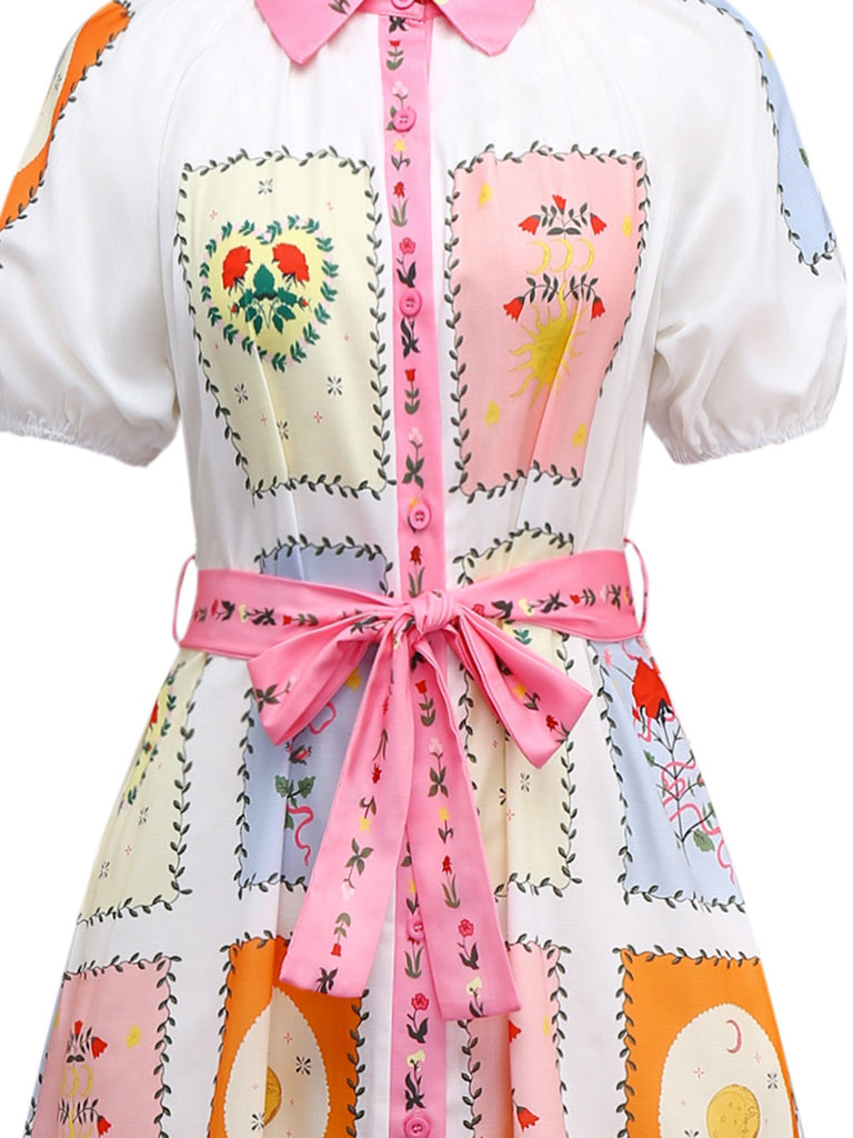 Multicolor 1930s Floral Sun Moon Belted Dress