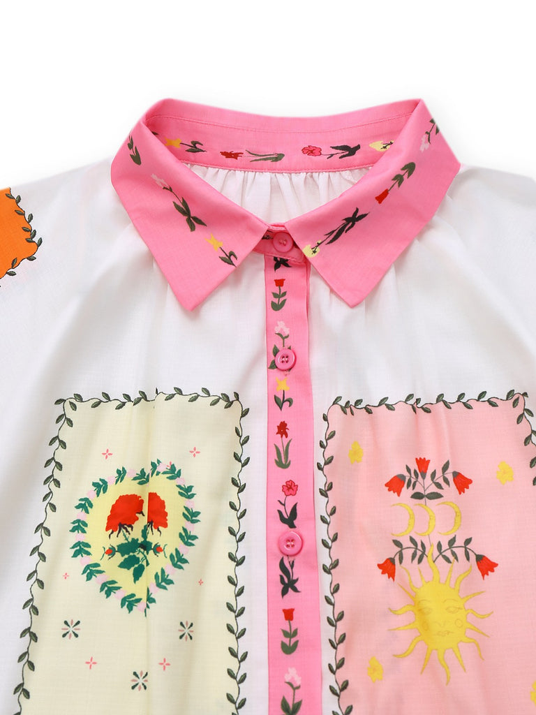 Multicolor 1930s Floral Sun Moon Belted Dress