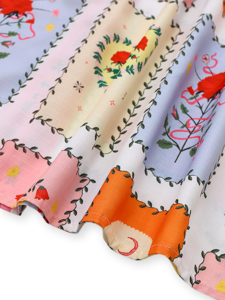 Multicolor 1930s Floral Sun Moon Belted Dress