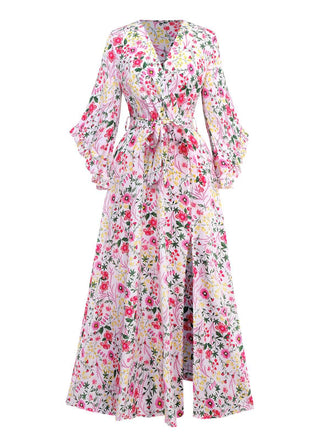 Pink 1940s Flouce Sleeve V-Neck Floral Dress