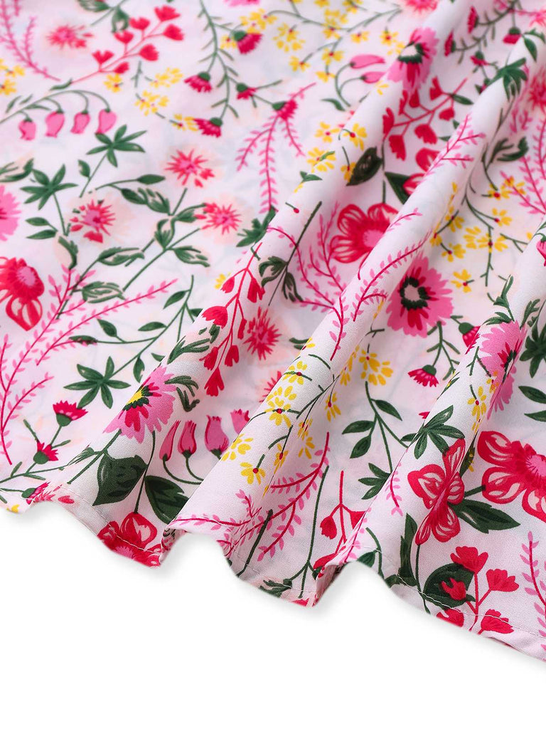 Pink 1940s Flouce Sleeve V-Neck Floral Dress