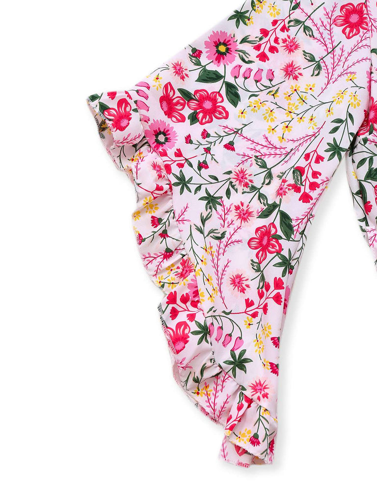 Pink 1940s Flouce Sleeve V-Neck Floral Dress