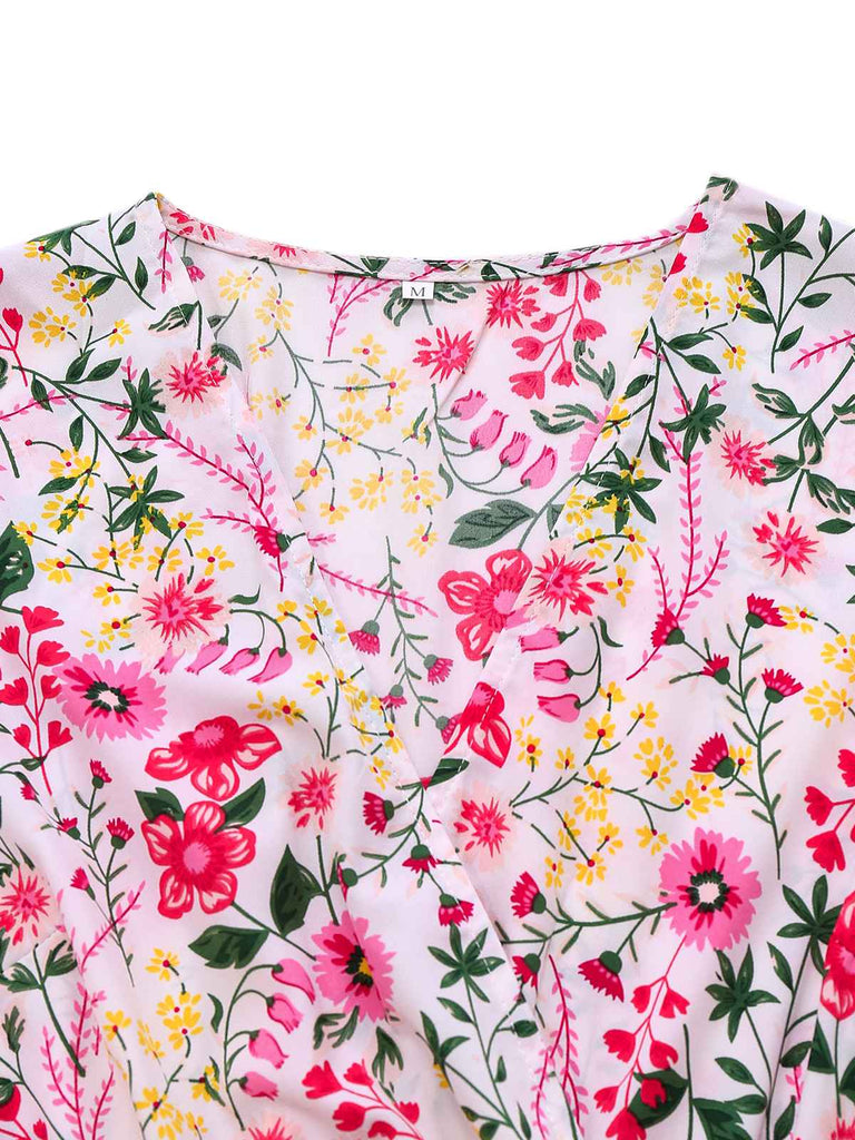 Pink 1940s Flouce Sleeve V-Neck Floral Dress