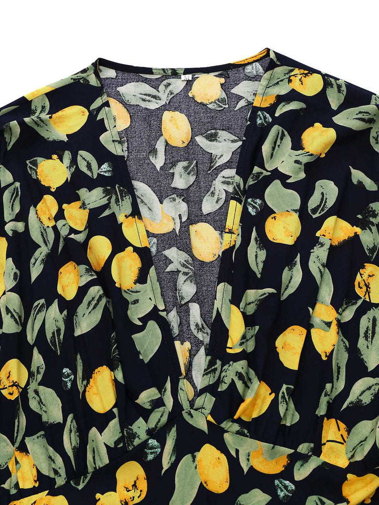 Yellow 1950s Lemon V-Neck Smocked Chiffon Dress