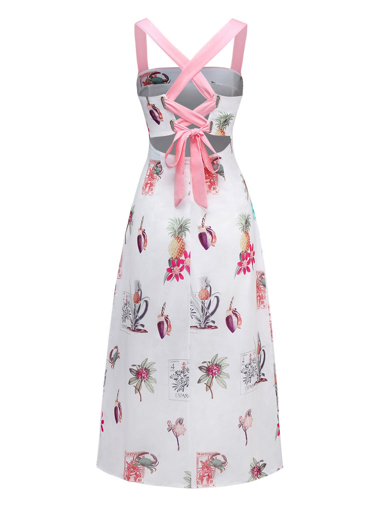 Pink 1960s Tropical Prints Tie-Back Straps Dress