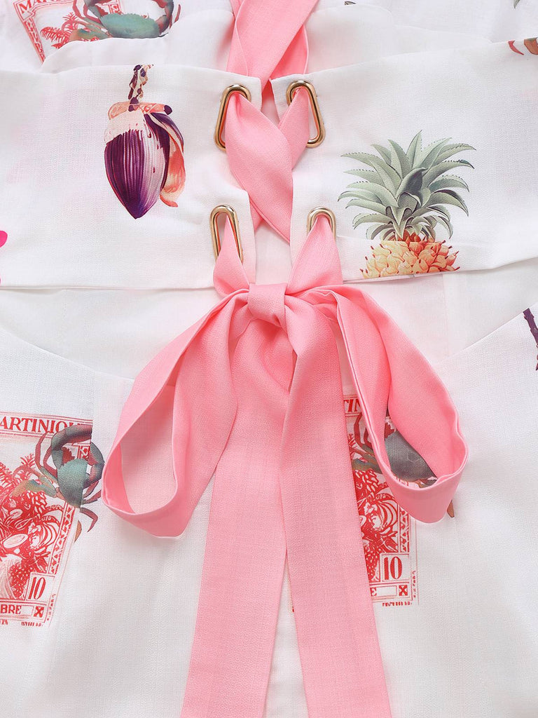 Pink 1960s Tropical Prints Tie-Back Straps Dress