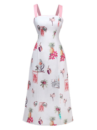 Pink 1960s Tropical Prints Tie-Back Straps Dress