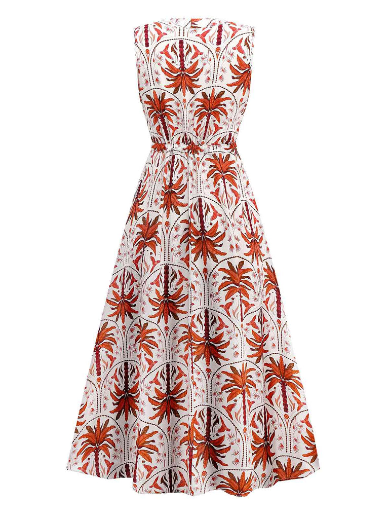 Red 1970s Lapel V-Neck Tropical Plants Dress