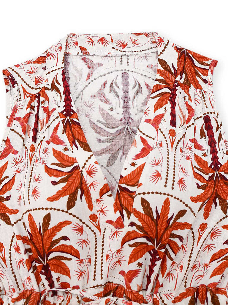 Red 1970s Lapel V-Neck Tropical Plants Dress